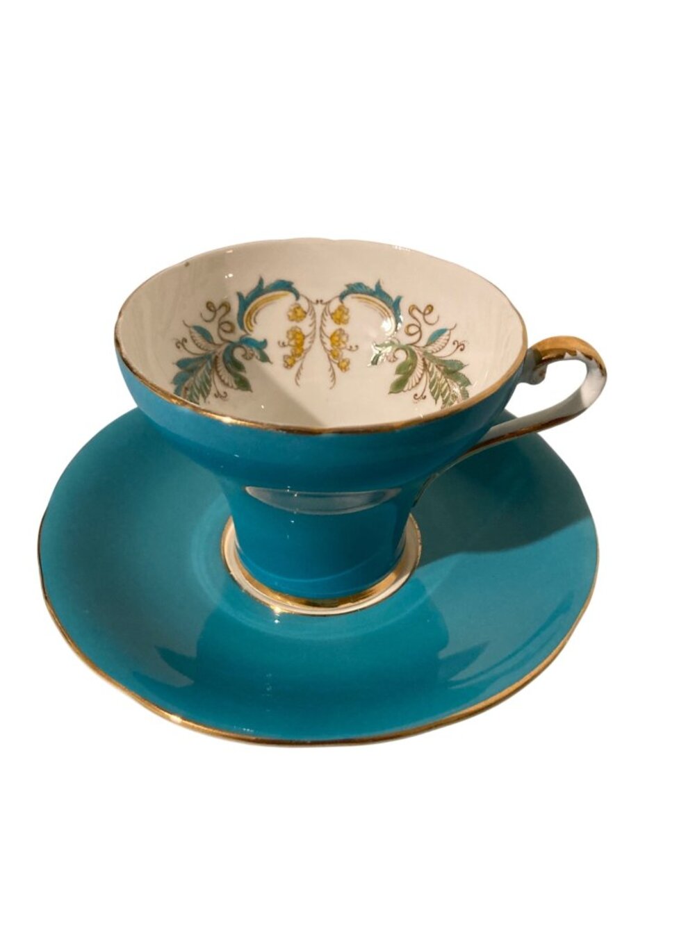 Vintage Aynsley Turquoise Blue White And Gold Floral Tea Cup And Saucer